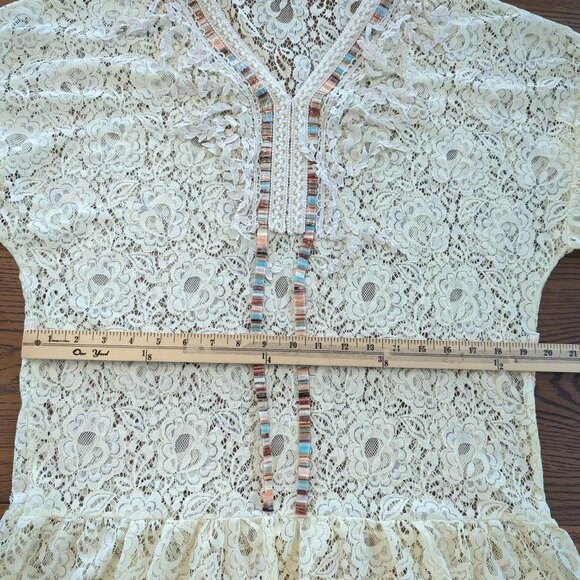 Arty Blush‎ Lace Boho Tunic Flutter ruffle short sleeve Beige Bohemian Gypsy S/M - Picture 12 of 14